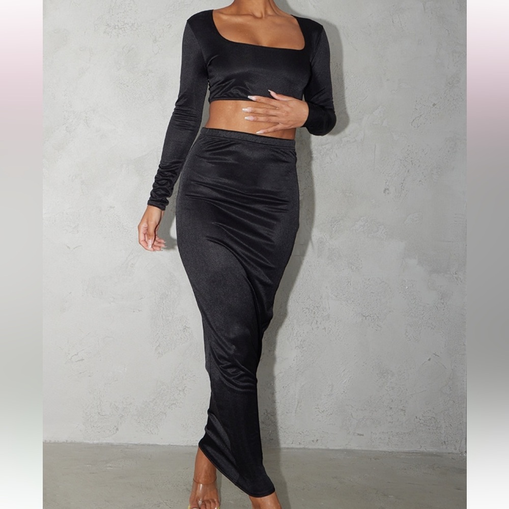 PLT Black High Shine Crop Top & Midaxi Skirt Set